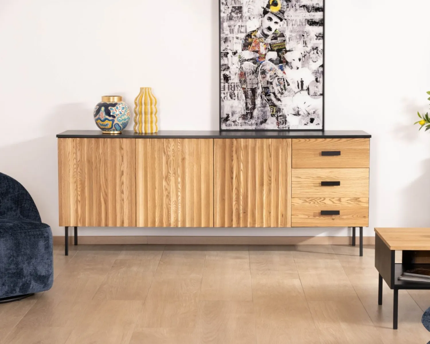 Meuble House Enfilade style newtro en frêne massif "Sydney" avec rangements et tiroirs Sale