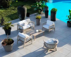 Meuble House Ensemble canapé et fauteuils matelassés en teck et corde