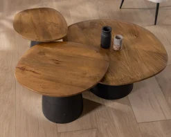 Meuble House Ensemble de 3 tables basses en bois et métal formes galets naturels