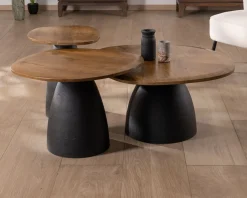 Meuble House Ensemble de 3 tables basses en bois et métal formes galets naturels