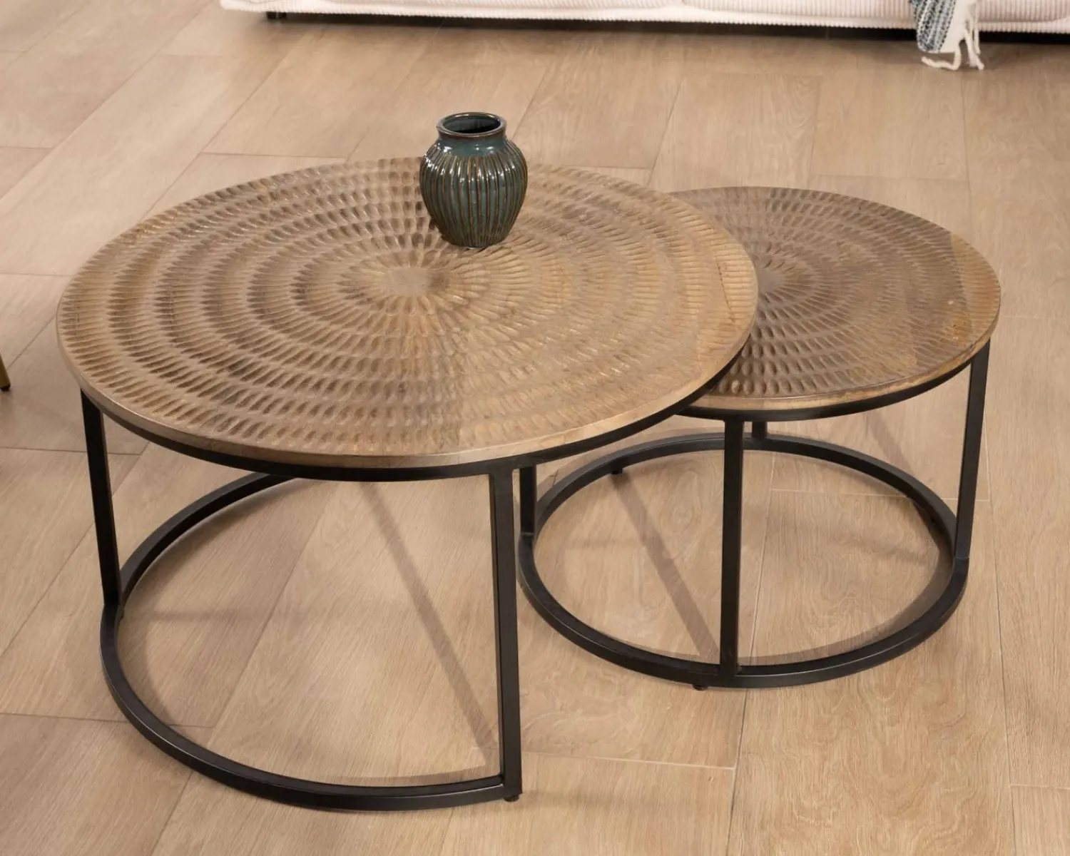 Meuble House Ensemble de 2 tables basses rondes gigognes noires plateau bois "Joe" Discount