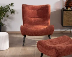 Meuble House Fauteuil avec repose-pieds en tissu terracotta en velours
