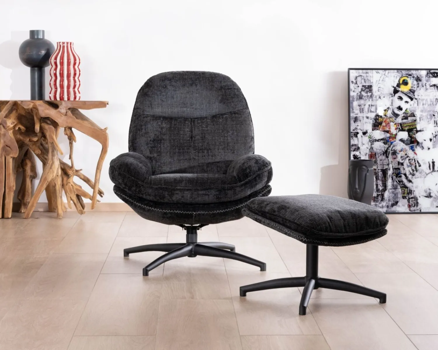 Meuble House Fauteuil cosy rotatif design rétro en tissu gris "Branson" avec pouf Hot