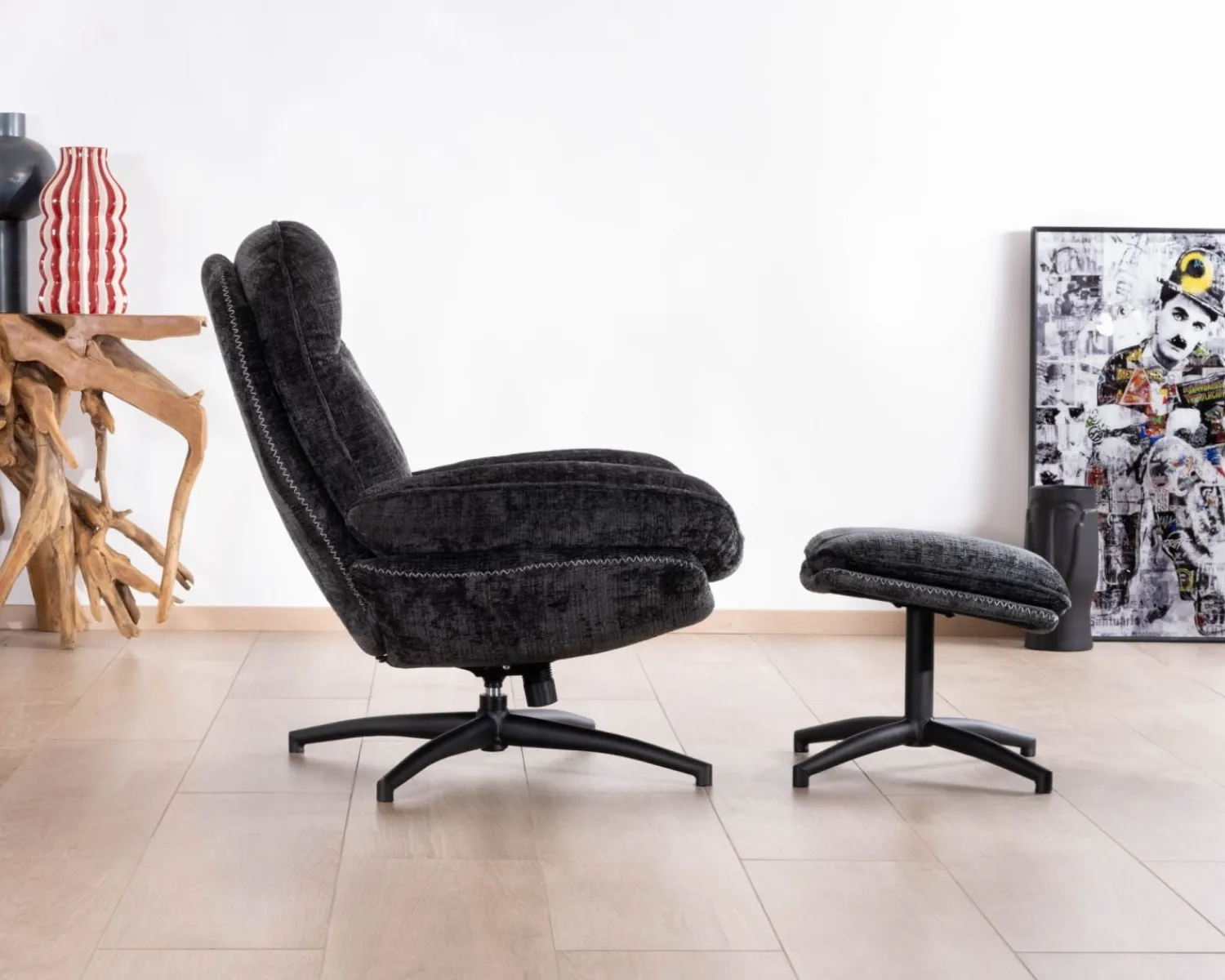 Meuble House Fauteuil cosy rotatif design rétro en tissu gris "Branson" avec pouf Hot