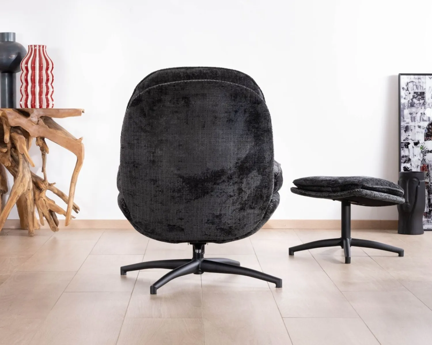 Meuble House Fauteuil cosy rotatif design rétro en tissu gris "Branson" avec pouf Hot