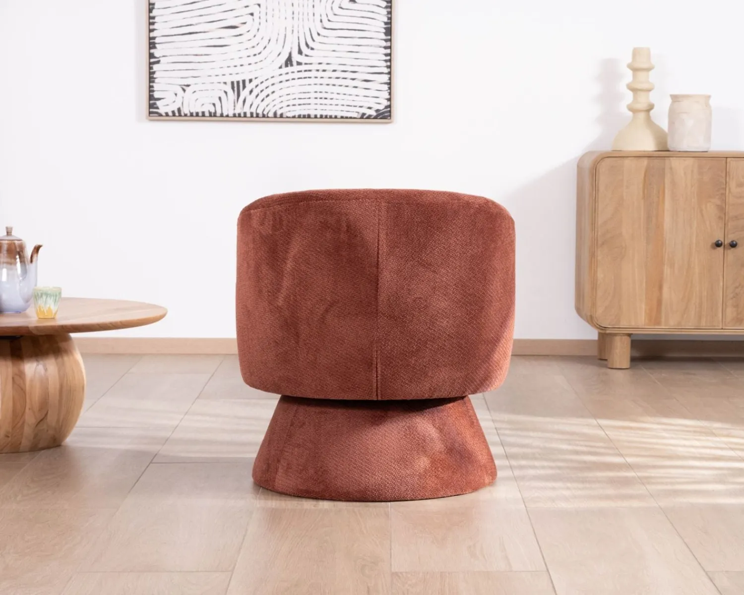 Meuble House Fauteuil d'appoint pivotant en tissu chenillé terracotta "Ladoga" design enveloppant Outlet