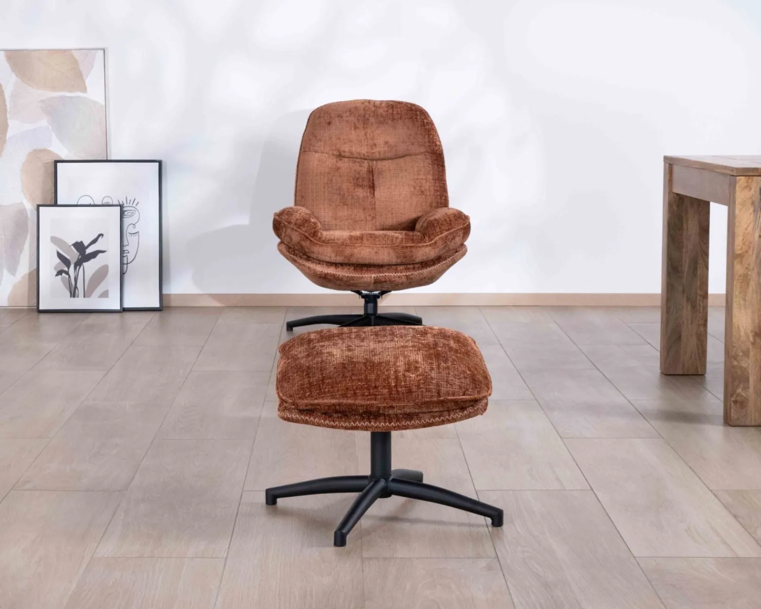 Meuble House Fauteuil de relaxation avec pouf en tissu doux terracotta "Branson" pivotant 360° Clearance