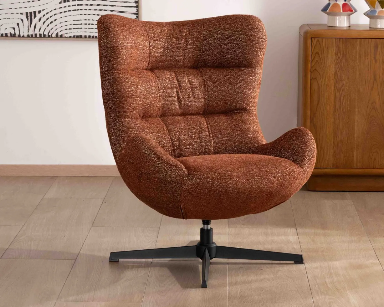 Meuble House Fauteuil enveloppant et pivotant esprit cocooning et rétro "Calista" en tissu bouclette terracotta