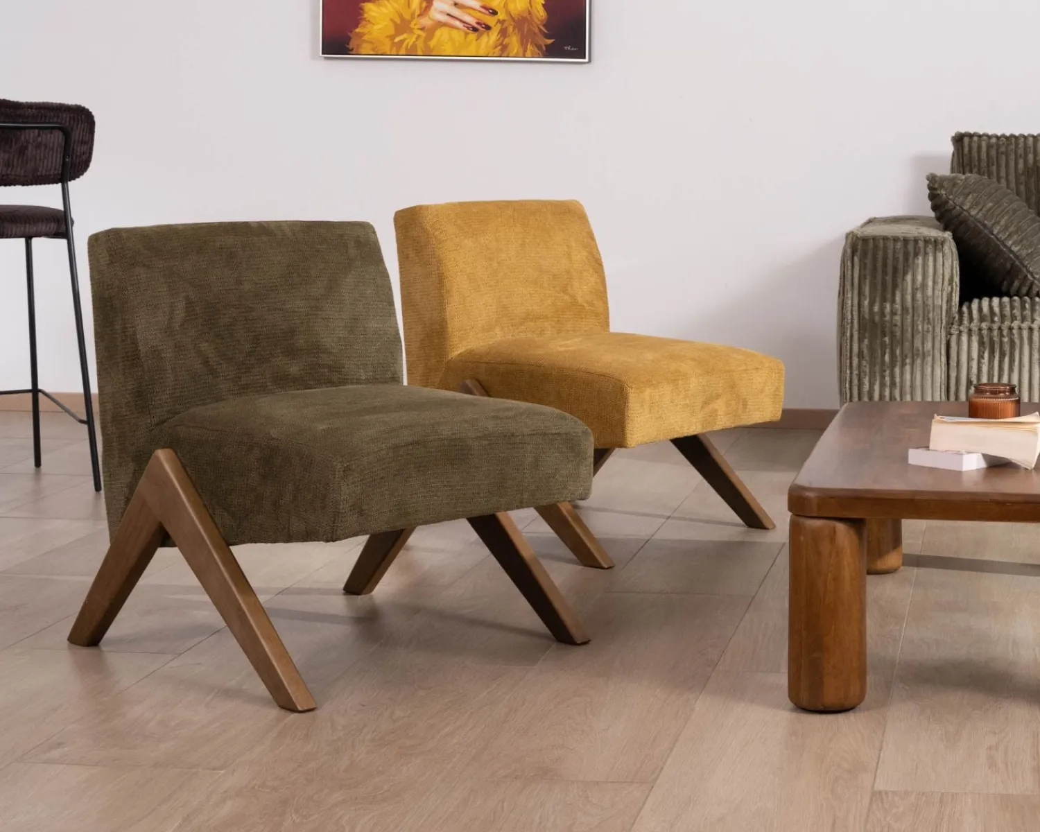 Meuble House Fauteuil esprit vintage en tissu vert kaki clair "Tolga" pieds boomerang en bois Clearance