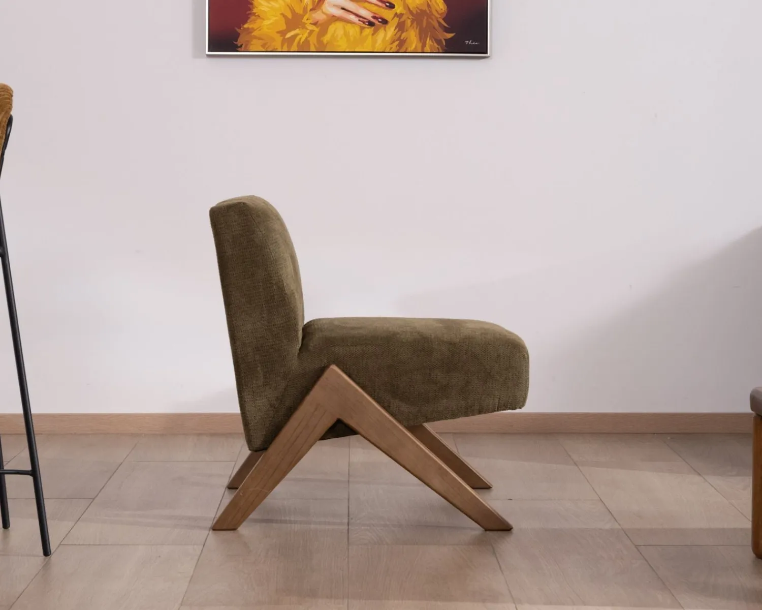 Meuble House Fauteuil esprit vintage en tissu vert kaki clair "Tolga" pieds boomerang en bois Clearance