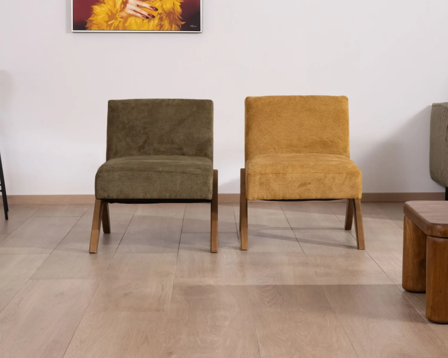 Meuble House Fauteuil esprit vintage en tissu vert kaki clair "Tolga" pieds boomerang en bois Clearance
