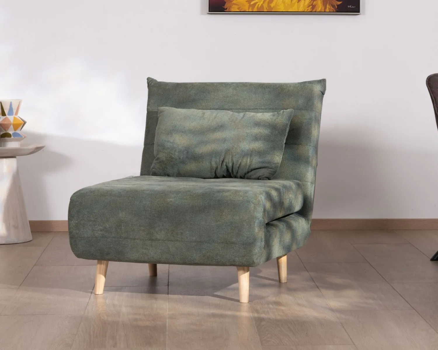 Meuble House Fauteuil esprit vintage en tissu vert kaki "Folda" modulable 2 en 1