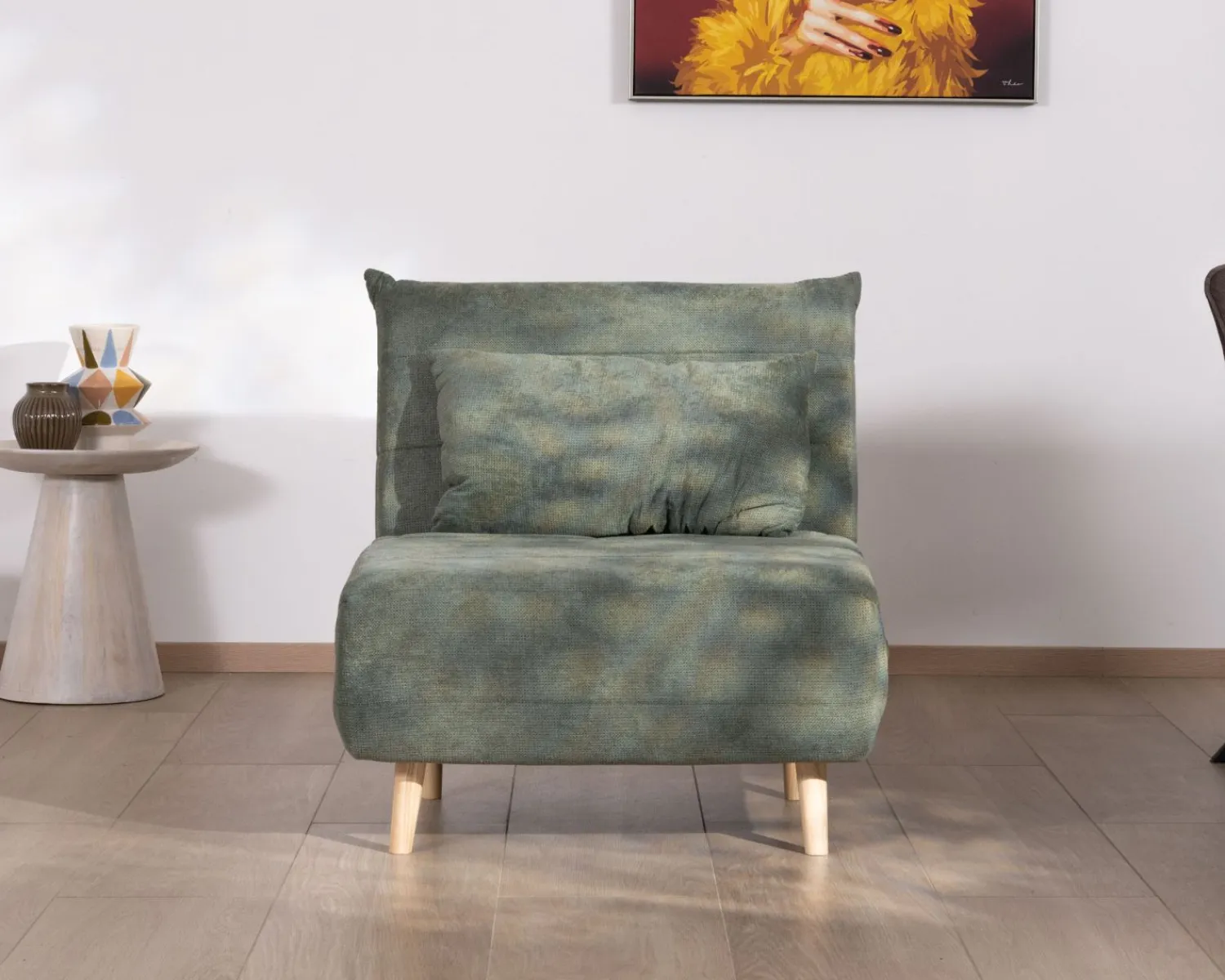 Meuble House Fauteuil esprit vintage en tissu vert kaki "Folda" modulable 2 en 1