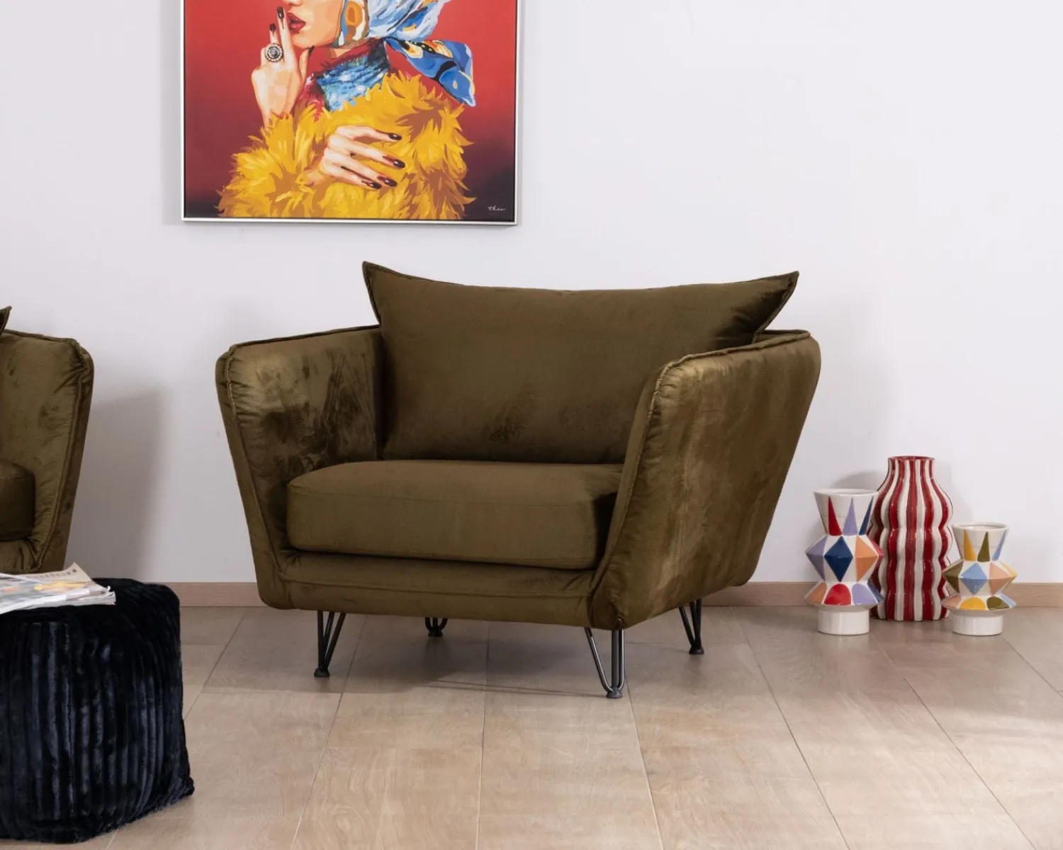 Meuble House Fauteuil kaki tissu ultra doux design vintage "Hasting" Best