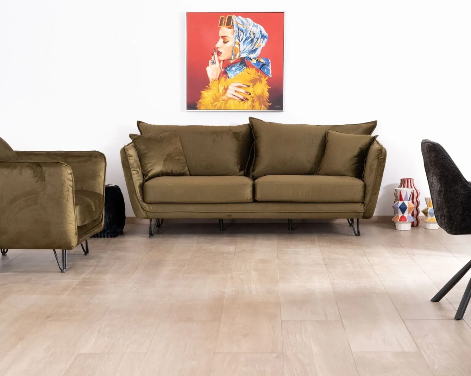Meuble House Fauteuil kaki tissu ultra doux design vintage "Hasting" Best