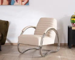 Meuble House Fauteuil lounge rétro en cuir blanc et acier inoxydable 