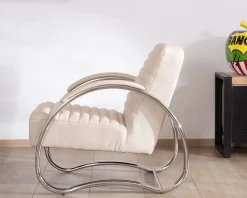 Meuble House Fauteuil lounge rétro en cuir blanc et acier inoxydable 