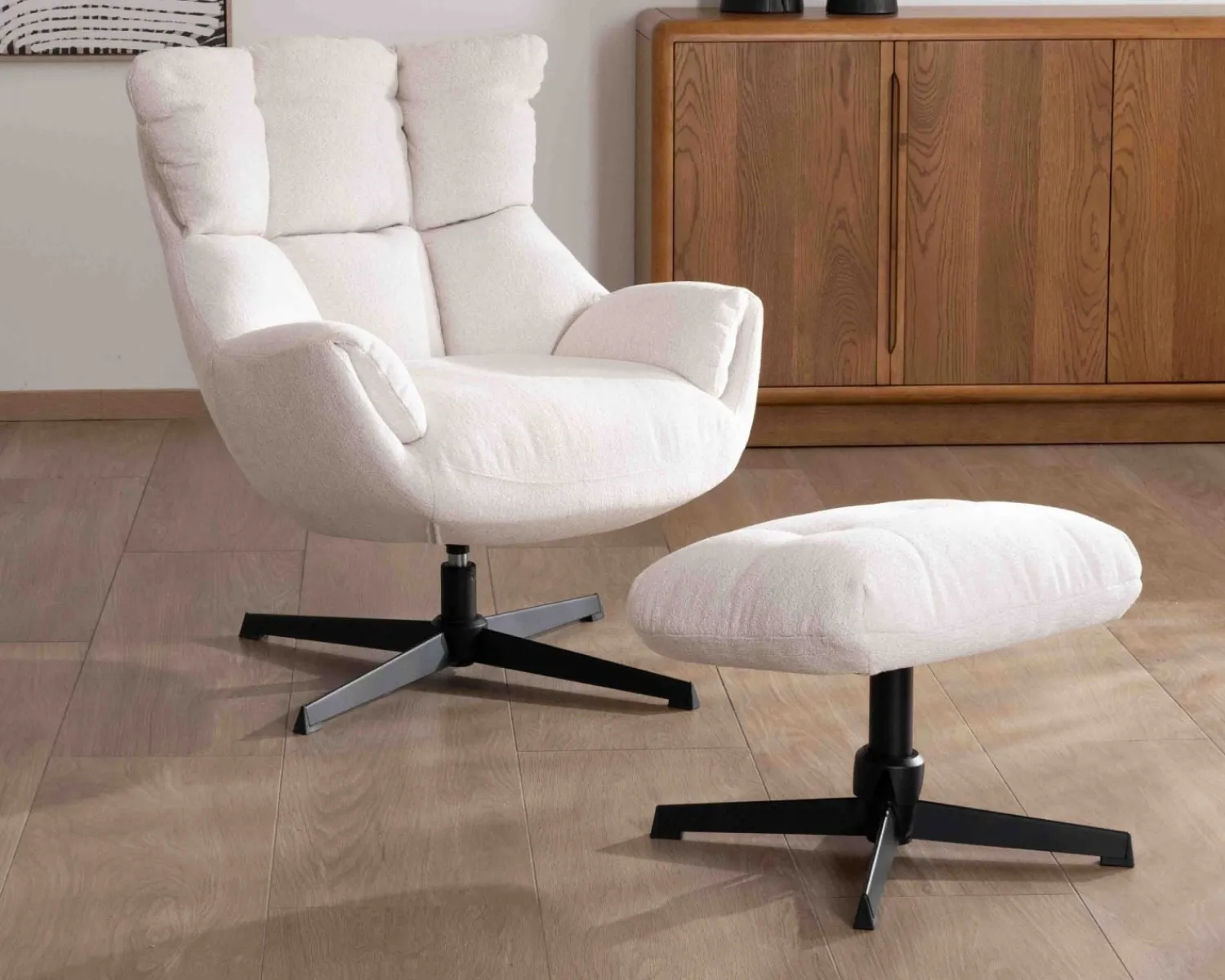 Meuble House Fauteuil pivotant avec repose-pieds modulaire en tissu bouclette écru "Calista" Hot
