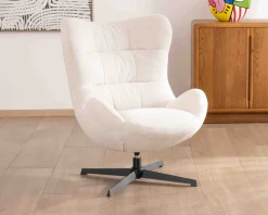 Meuble House Fauteuil pivotant cocooning en tissu bouclette blanc cassé "Calista" forme enveloppante