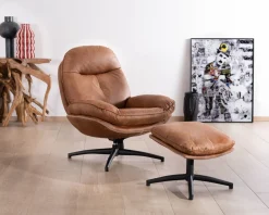 Meuble House Fauteuil pivotant esprit rétro avec pouf en tissu microfibre coloris havane 