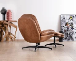 Meuble House Fauteuil pivotant esprit rétro avec pouf en tissu microfibre coloris havane 