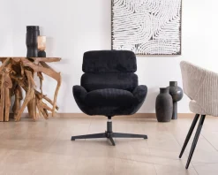 Meuble House Fauteuil relax tournant 360° en velours côtelé noir 