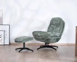 Meuble House Fauteuil rotatif design rétro en tissu soyeux vert sauge "Branson" avec pouf Clearance