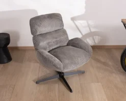 Meuble House Fauteuil rétro en tissu gris et pied pivotant en métal noir