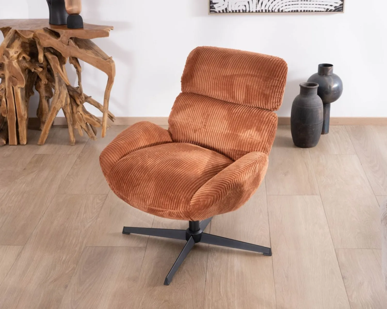 Meuble House Fauteuil tournant 360° en velours côtelé terracotta "Bissett" Outlet