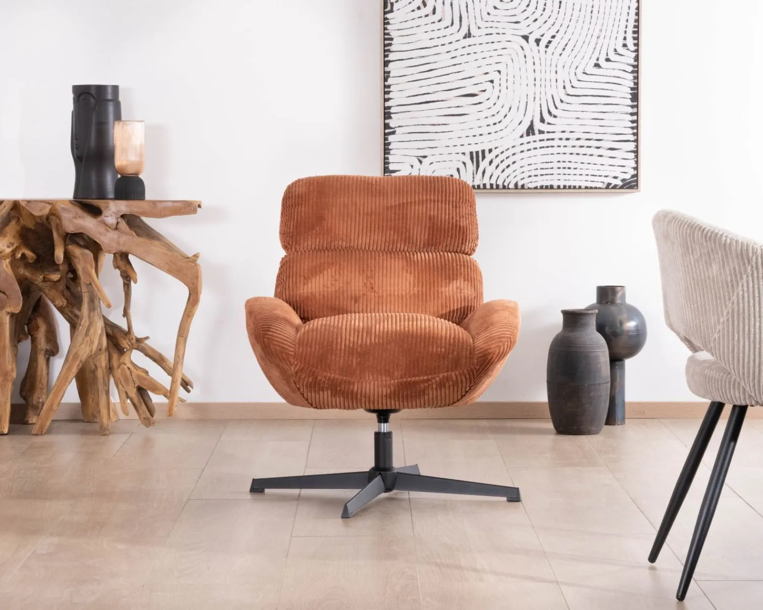 Meuble House Fauteuil tournant 360° en velours côtelé terracotta "Bissett" Outlet
