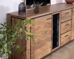 Meuble House Grand buffet 215 cm acacia massif avec relief noirs, tiroirs et niche avec étagères vitrées