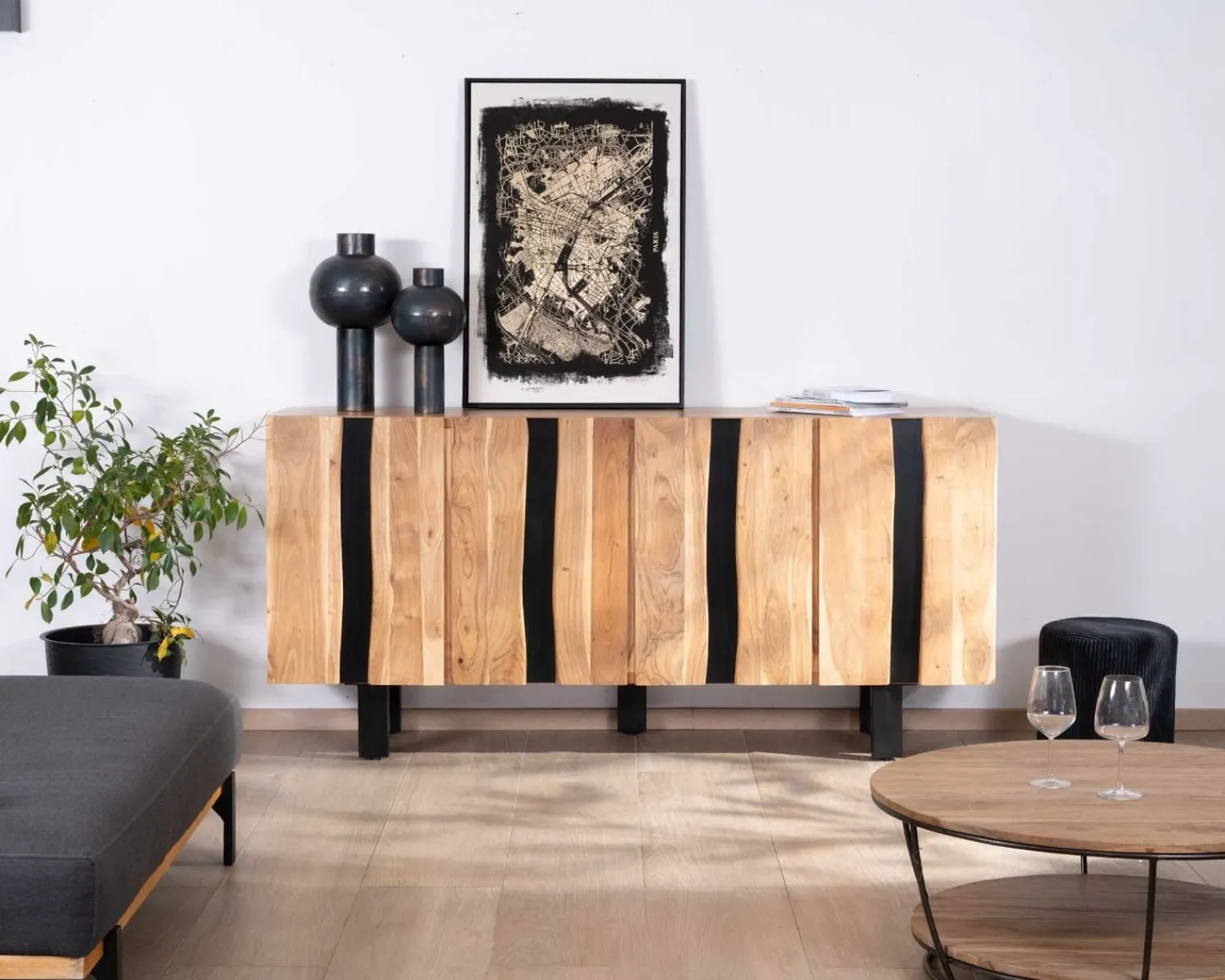 Meuble House Grand buffet design 190cm en bois massif d’acacia et métal noir "Zen Black" Online