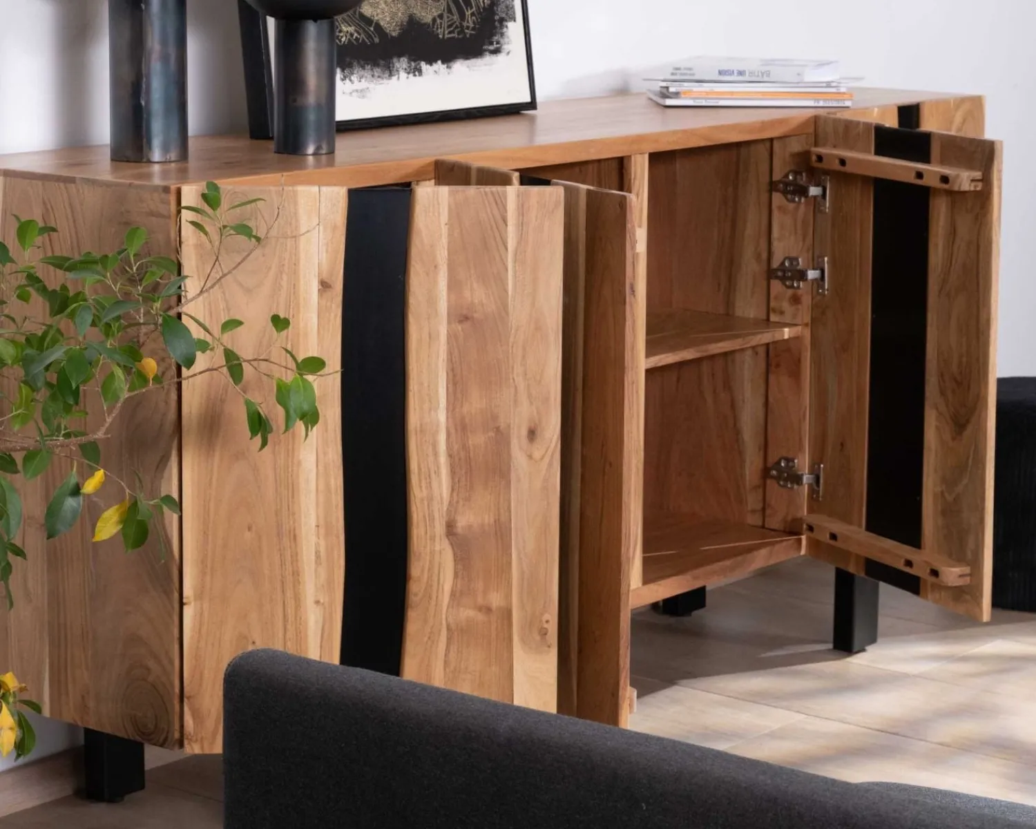 Meuble House Grand buffet design 190cm en bois massif d’acacia et métal noir "Zen Black" Online