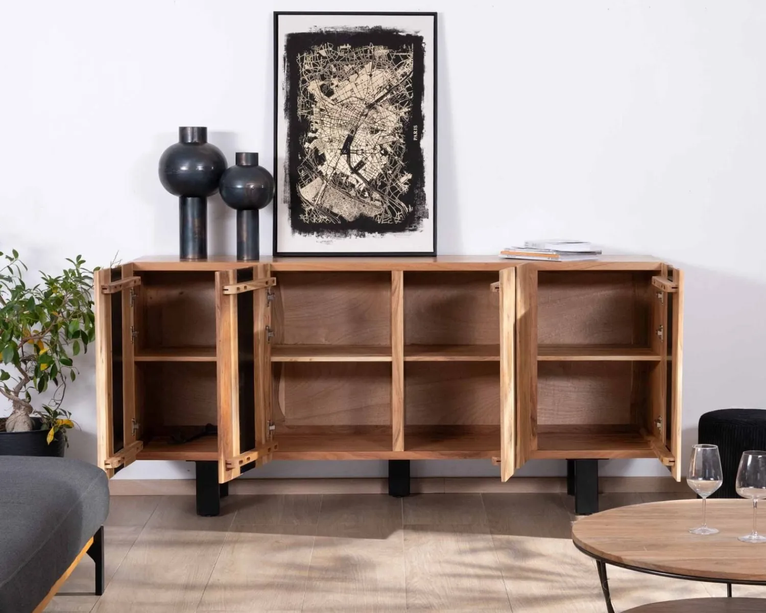 Meuble House Grand buffet design 190cm en bois massif d’acacia et métal noir "Zen Black" Online