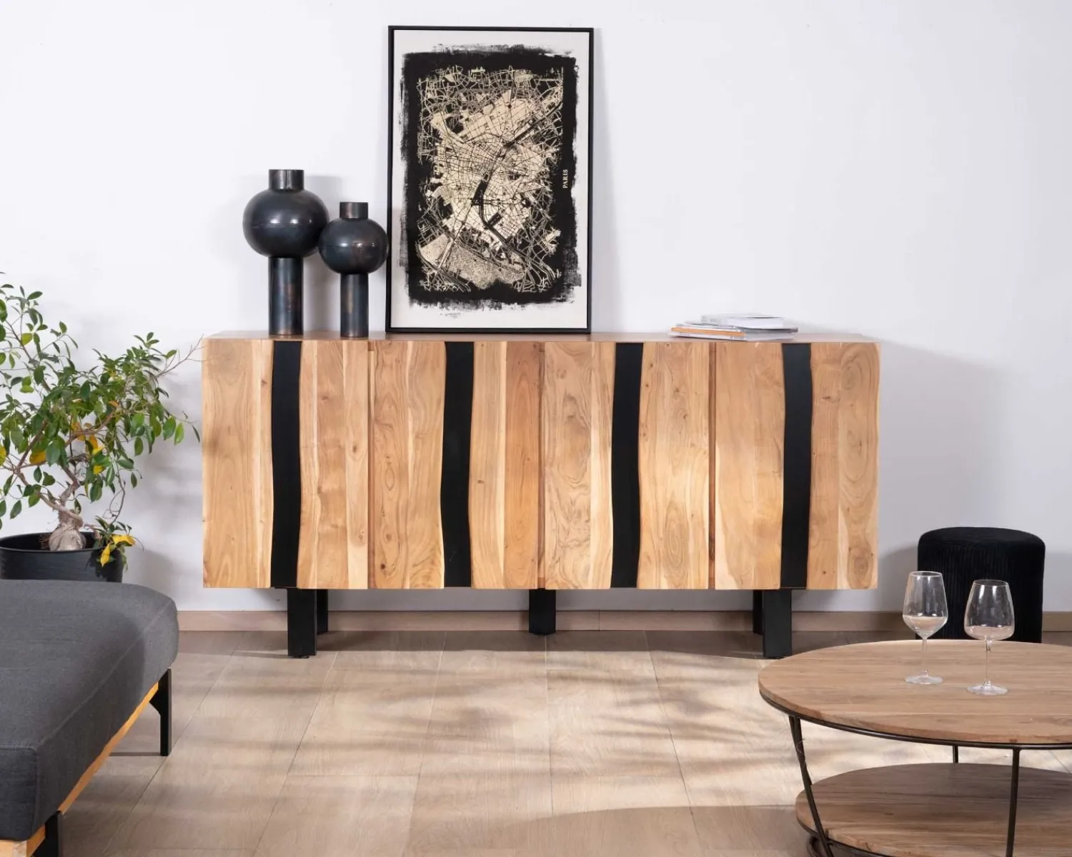 Meuble House Grand buffet design 190cm en bois massif d’acacia et métal noir "Zen Black" Online