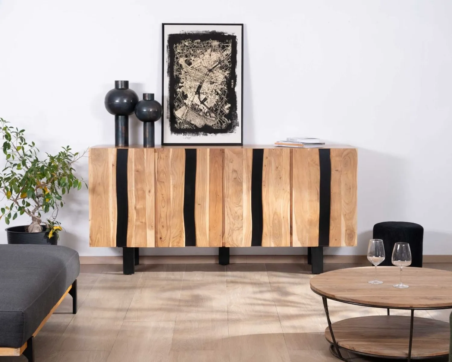 Meuble House Grand buffet design 190cm en bois massif d’acacia et métal noir "Zen Black" Online