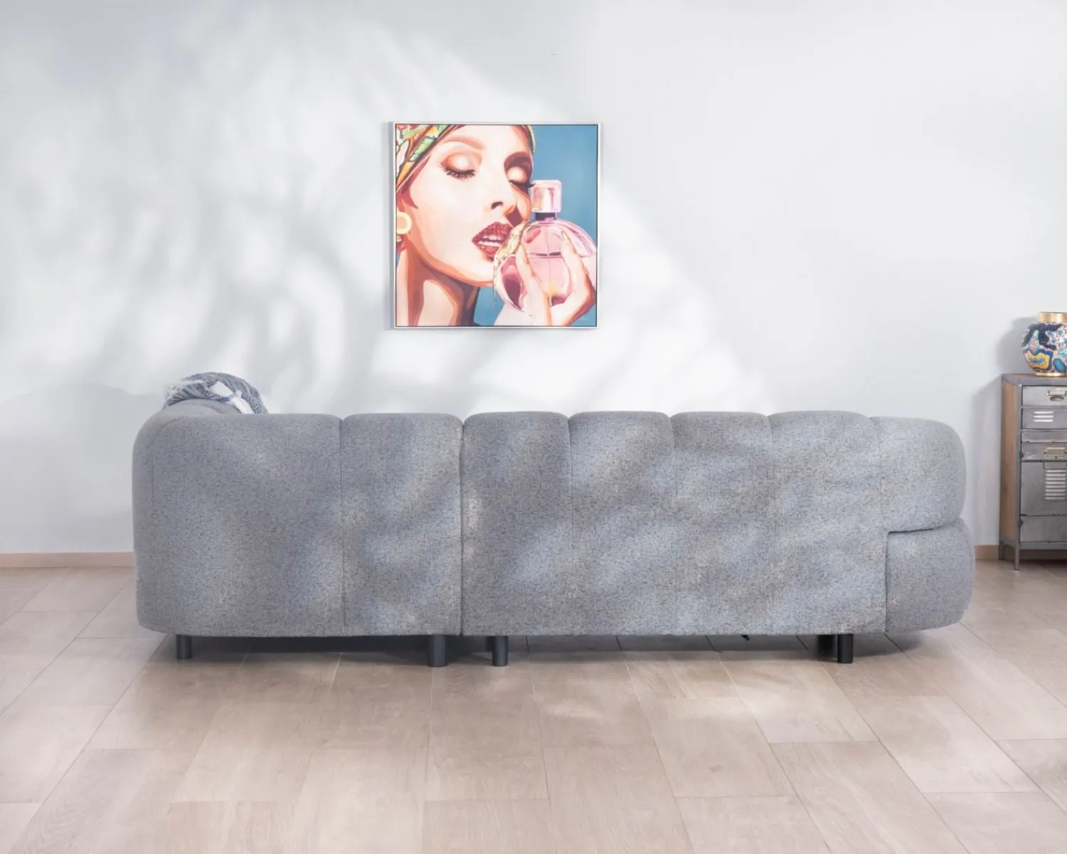 Meuble House Grand canapé d'angle en tissu tramé gris "Syltan" avec profondeur d'assise réglable électriquement Discount