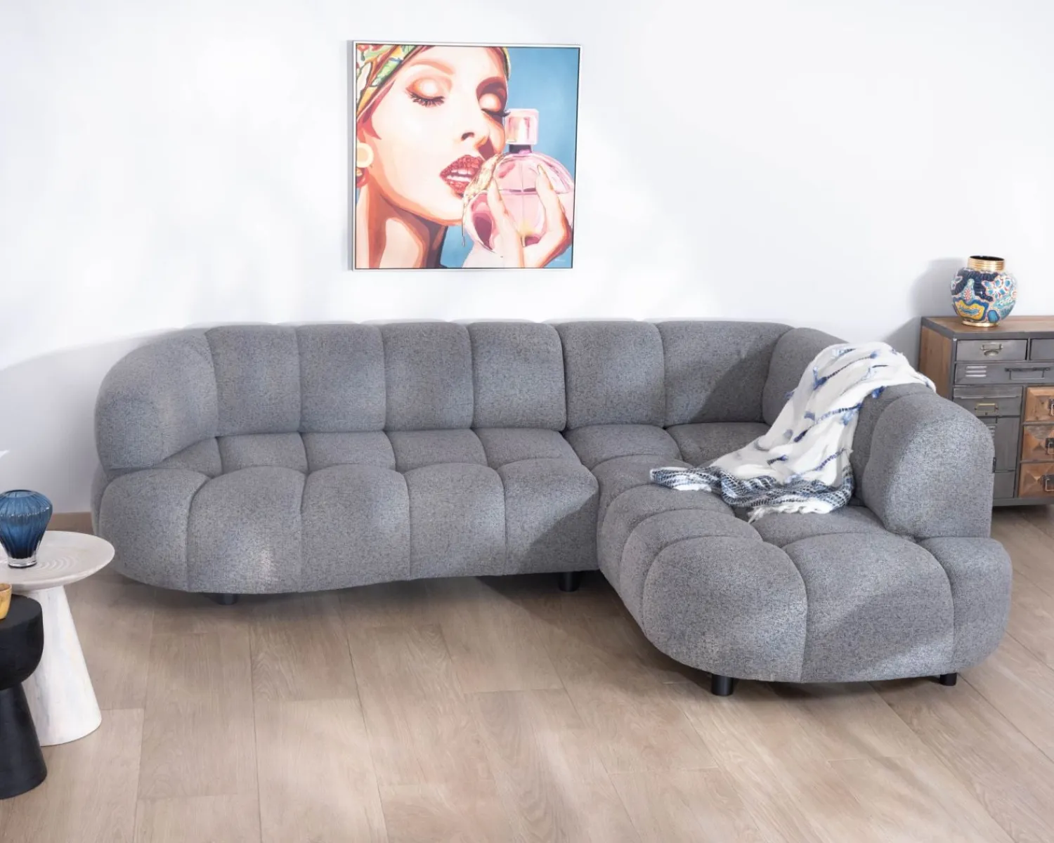 Meuble House Grand canapé d'angle en tissu tramé gris "Syltan" avec profondeur d'assise réglable électriquement Discount