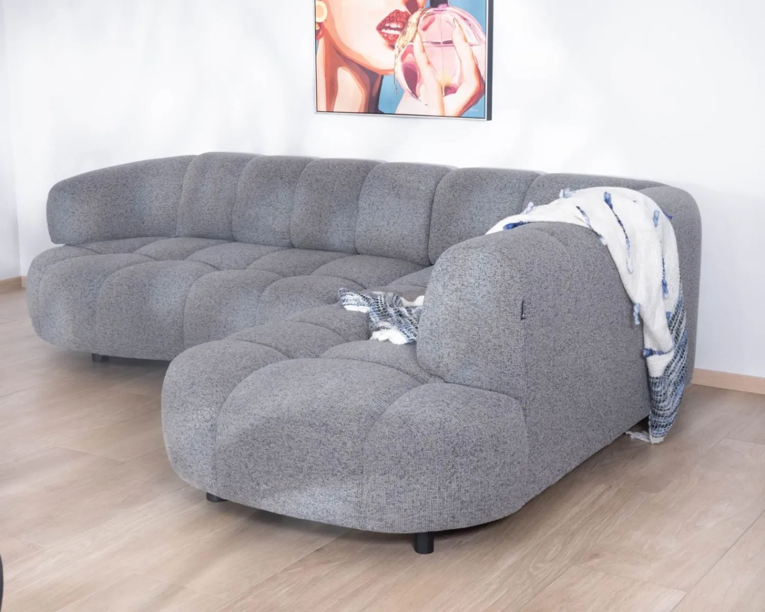 Meuble House Grand canapé d'angle en tissu tramé gris "Syltan" avec profondeur d'assise réglable électriquement Discount