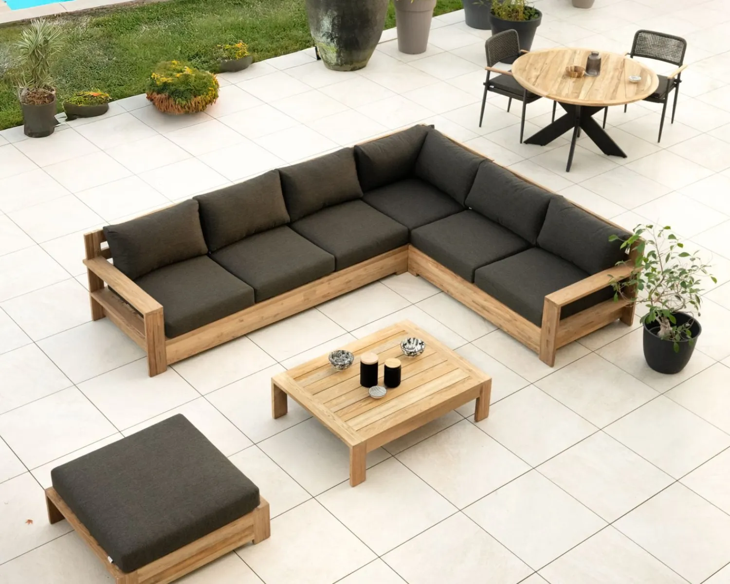 Meuble House Grand canapé modulaire spécial extérieur en teck et tissu gris foncé "Zénith" Discount