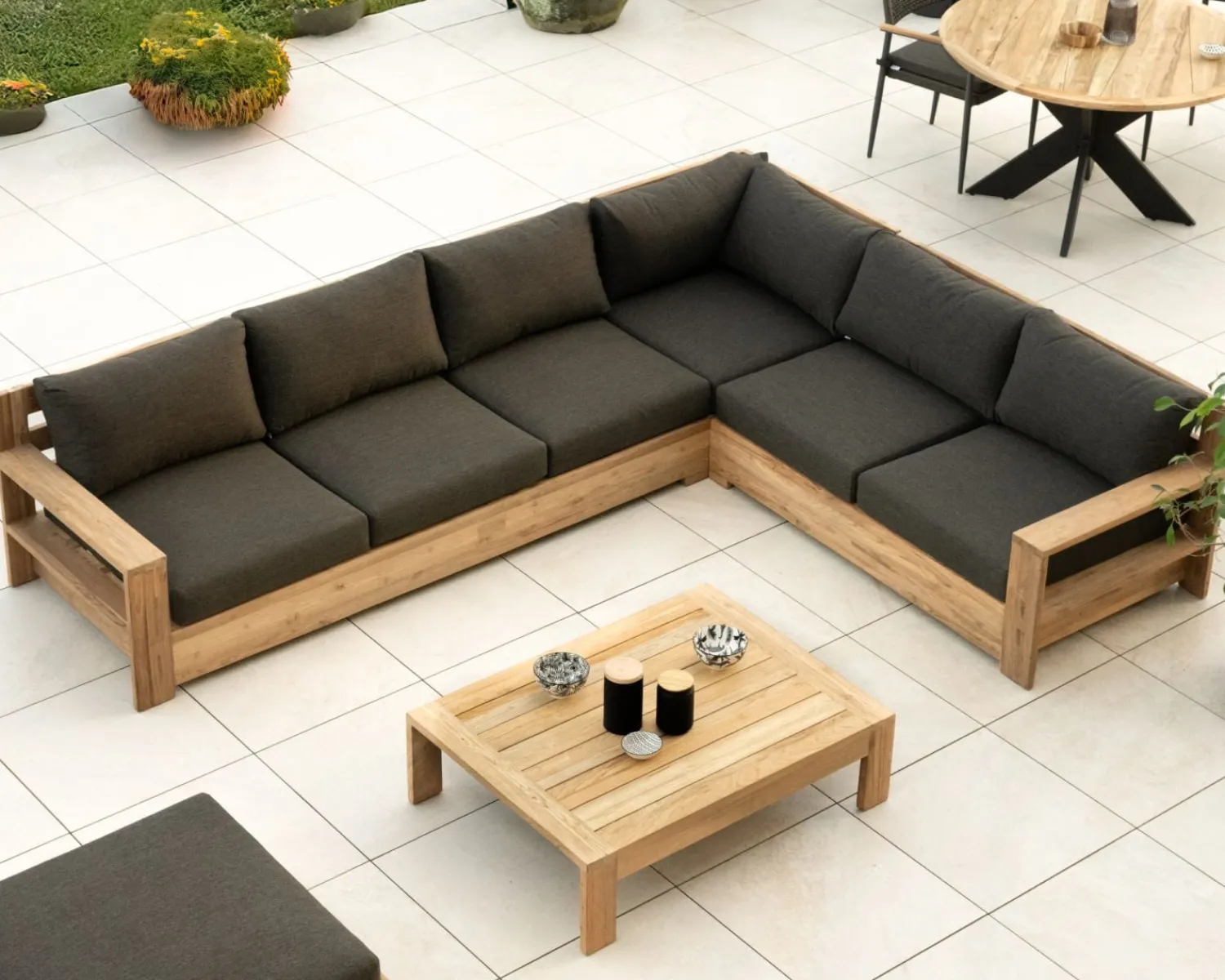 Meuble House Grand canapé modulaire spécial extérieur en teck et tissu gris foncé "Zénith" Discount
