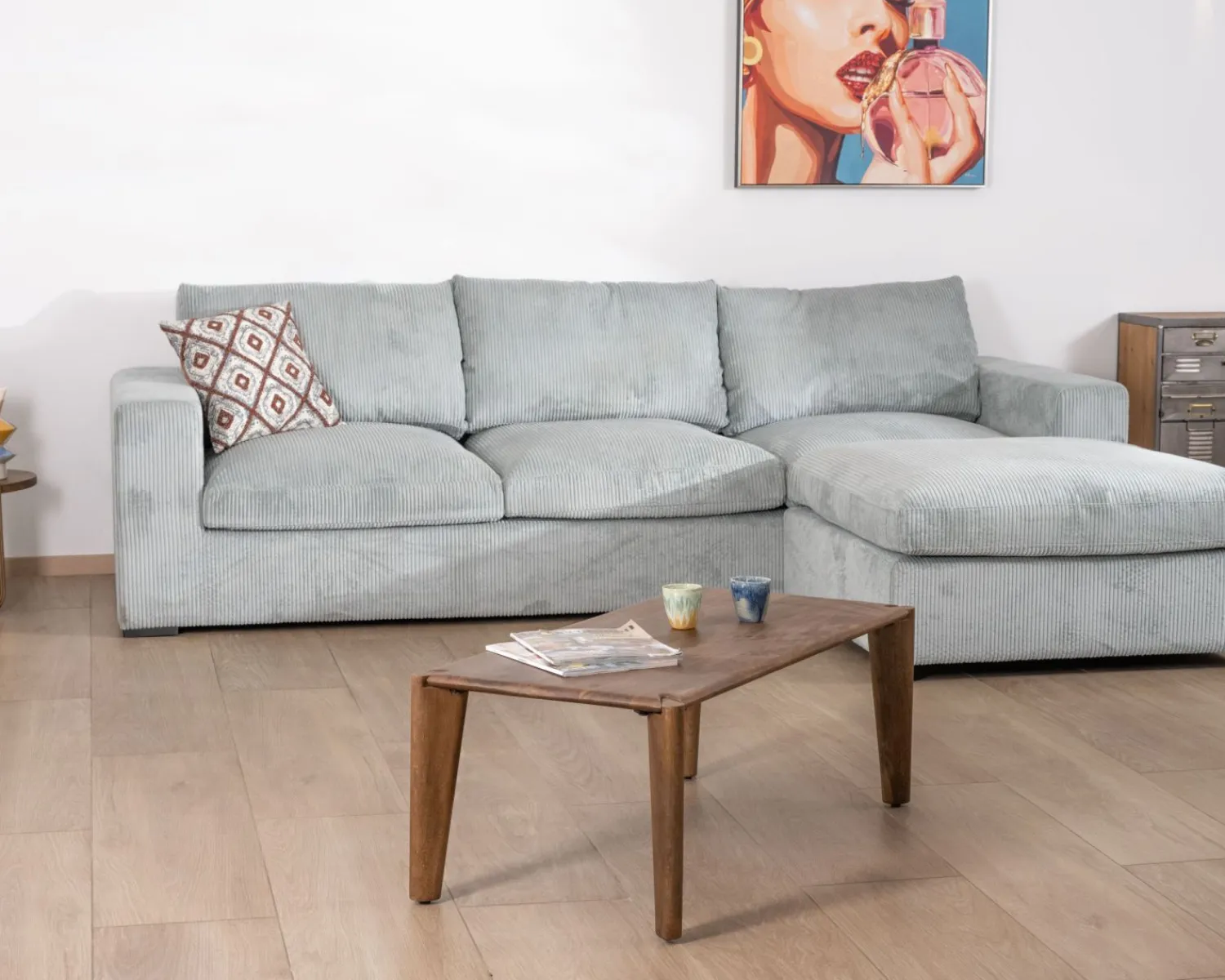 Meuble House Grand canapé moelleux avec pouf modulaire "Tuléar" en velours côtelé bleu grisé Hot