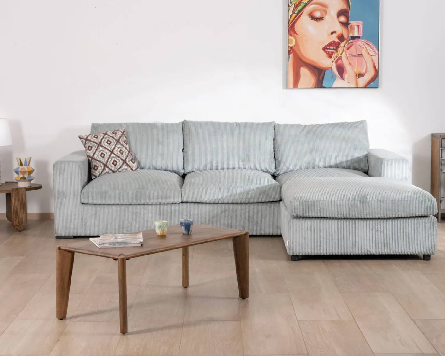 Meuble House Grand canapé moelleux avec pouf modulaire "Tuléar" en velours côtelé bleu grisé Hot