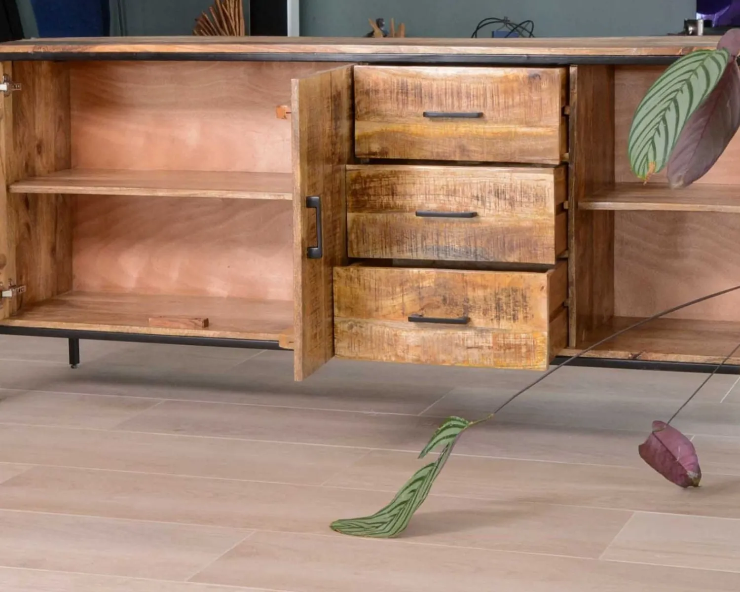 Meuble House Grande enfilade en bois massif et métal "Mango" multi rangements Online
