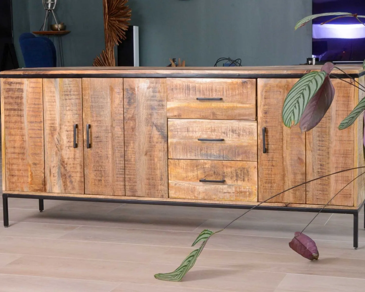 Meuble House Grande enfilade en bois massif et métal "Mango" multi rangements Online