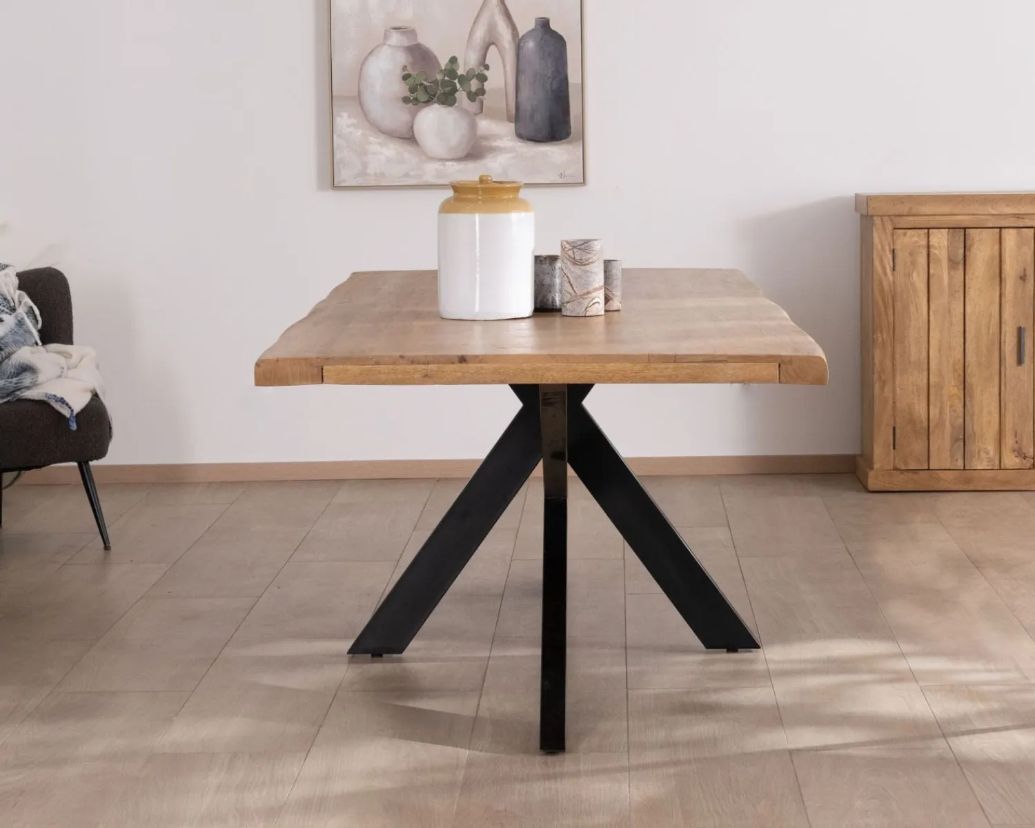 Meuble House Grande table de repas 240 cm plateau en manguier bords naturels "Presolino" pieds croix métal Hot