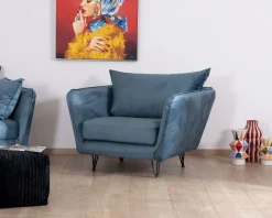Meuble House Grand fauteuil cosy en tissu bleu et pieds en métal noir