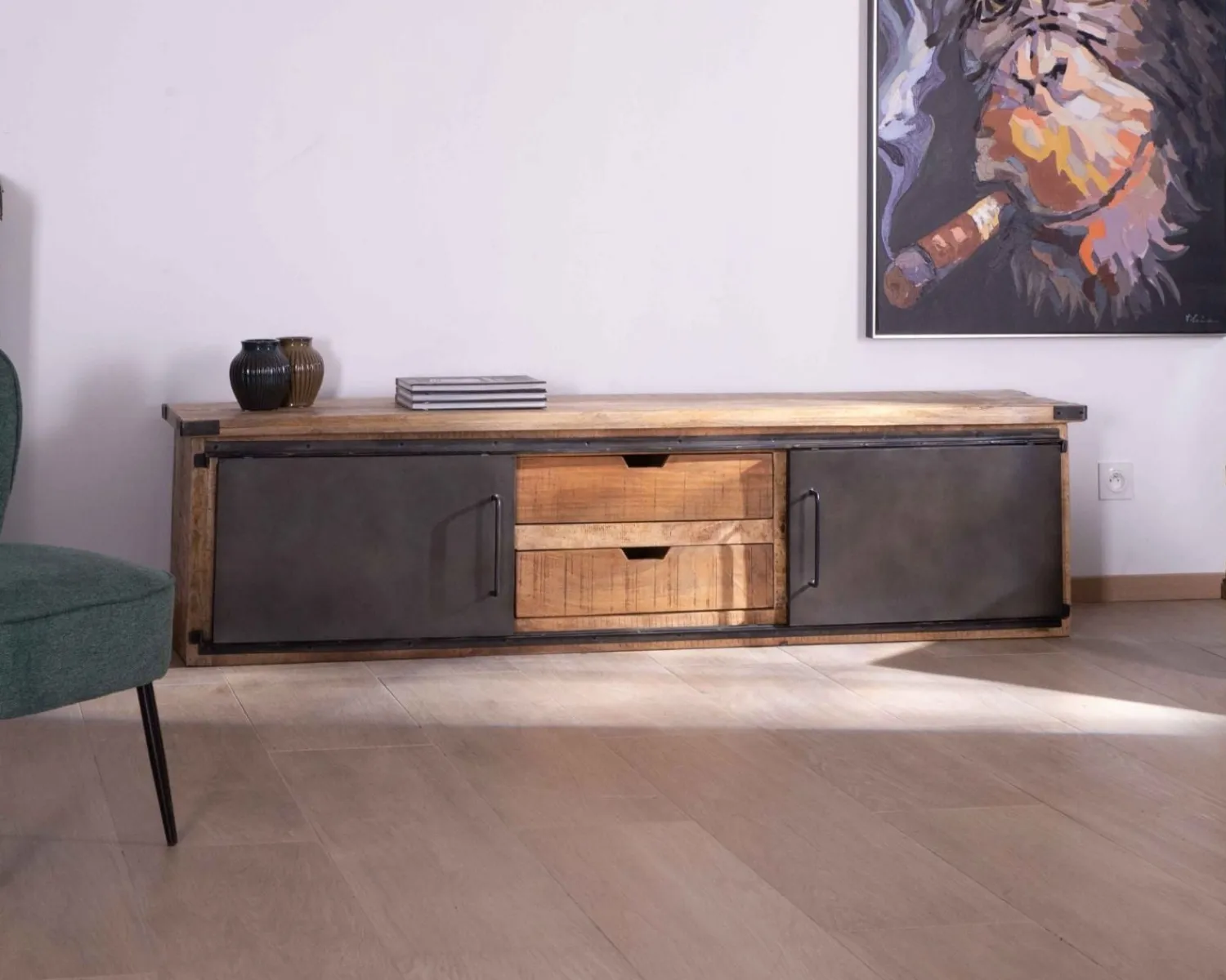 Meuble House Grand meuble télé "Caractère" 200cm 2 portes 2 tiroirs métal et bois Online