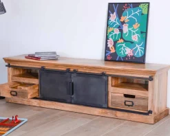 Meuble House Grand meuble TV bas 180cm bois naturel massif et métal gris 