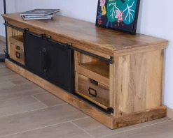 Meuble House Grand meuble TV bas 180cm bois naturel massif et métal gris 